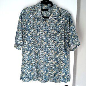 Jhane Barnes blue/green/yellow geometric silk button-down shirt L short sleeve